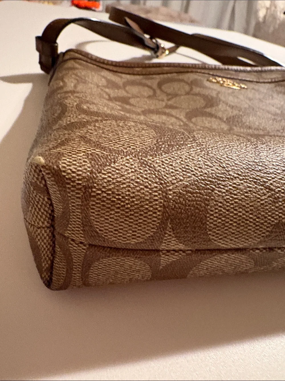Coach Signature coated Canvas File Crossbody Bag purse tan brown excellent